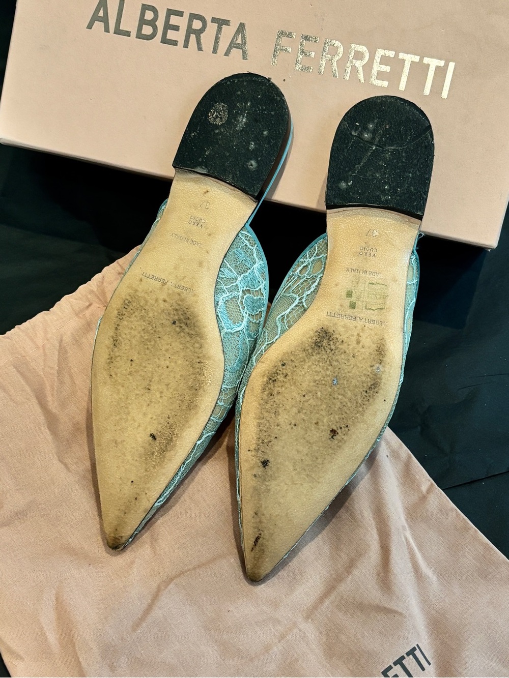 Alberta Ferretti Mint Green Lace Pointed Slip-On Mules - Picture 3 of 5